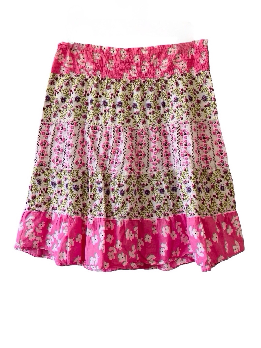 Pink Floral Tiered Smocked Skirt | Boho Cottagecore Ruffle Skirt Large